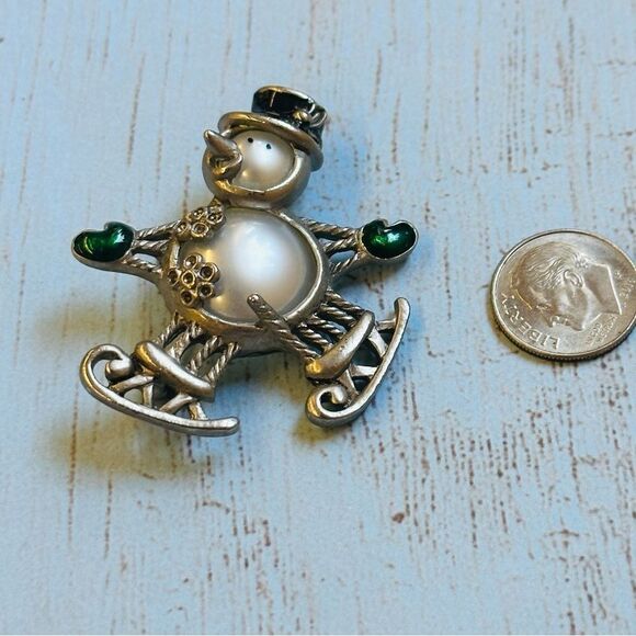 Silver Pearl Ice Skating Snowman Brooch - Picture 1 of 2
